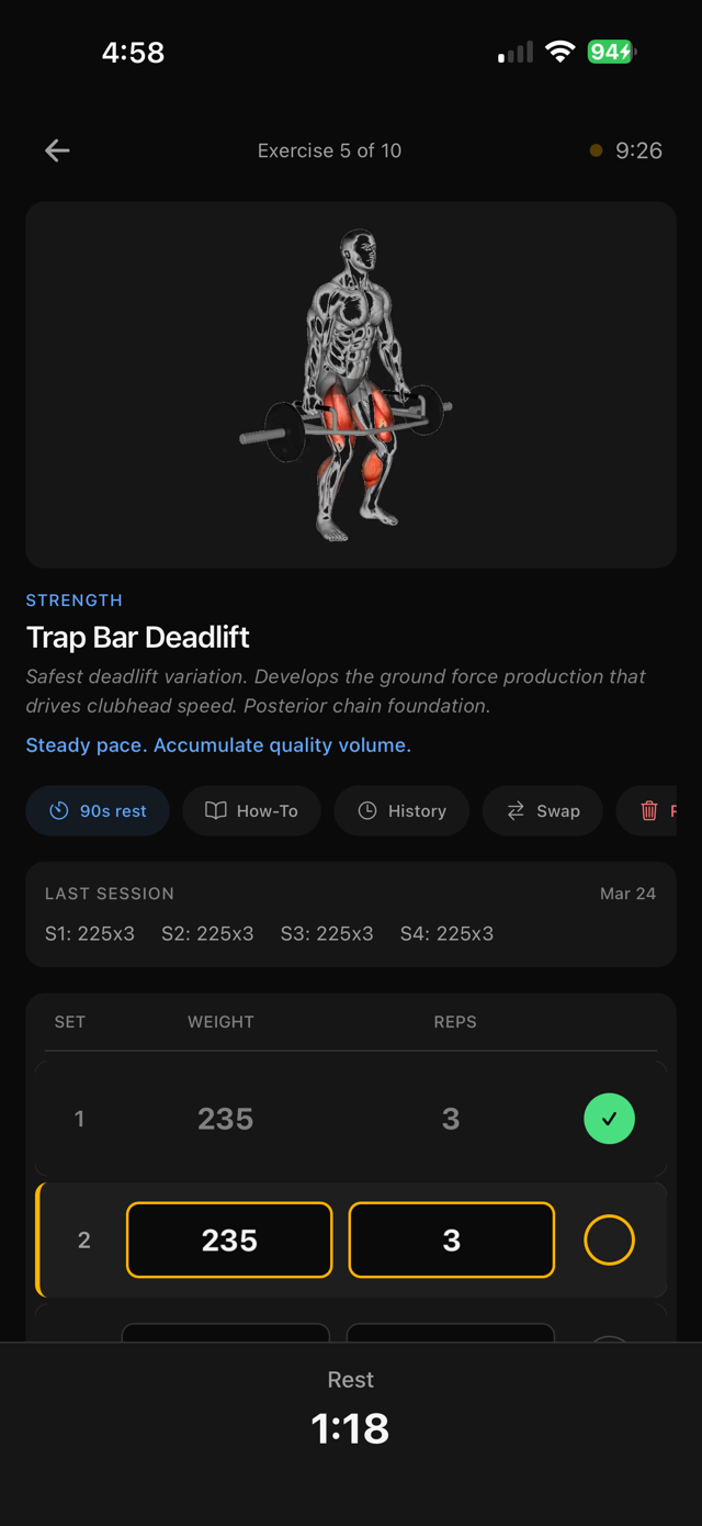 GolfBod app showing workout logging with trap bar deadlift and exercise illustration