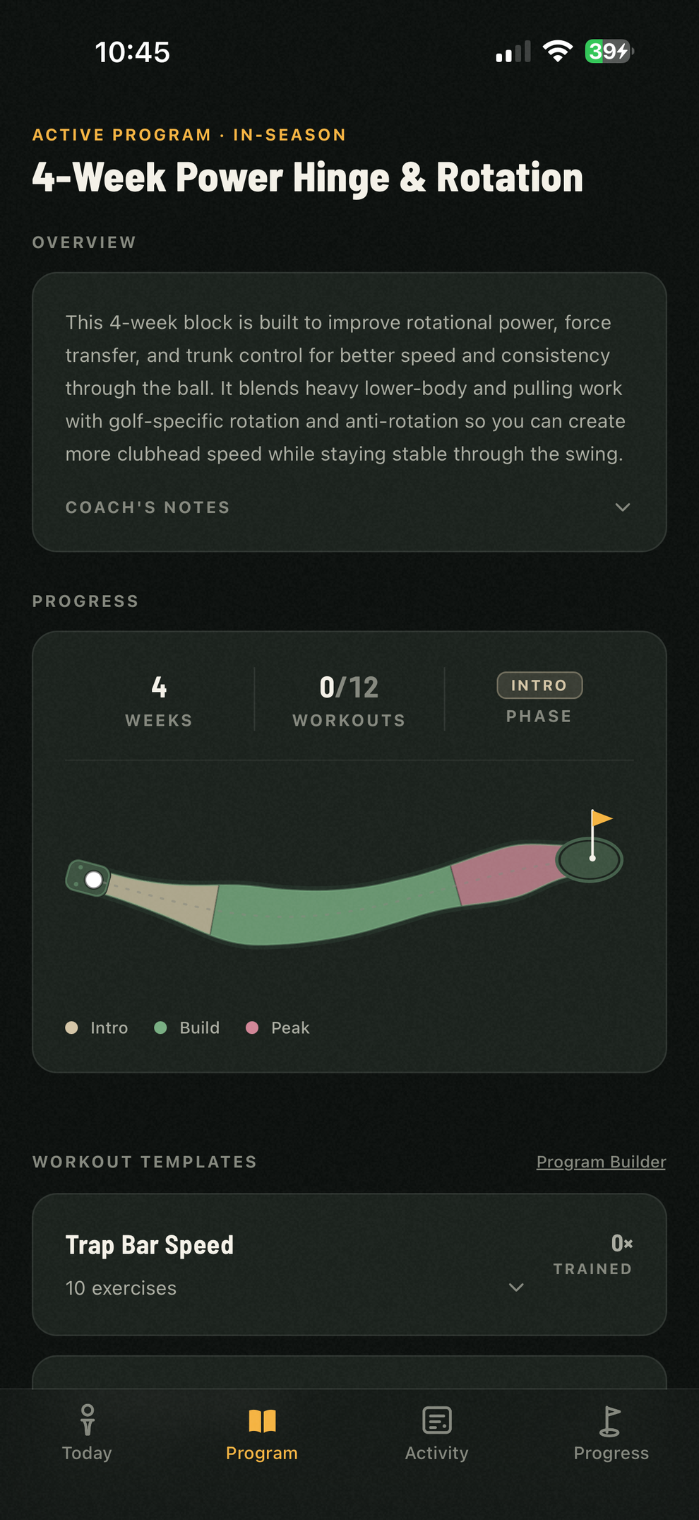 GolfBod's Program screen drawing the training block as a yardage-book fairway with phases